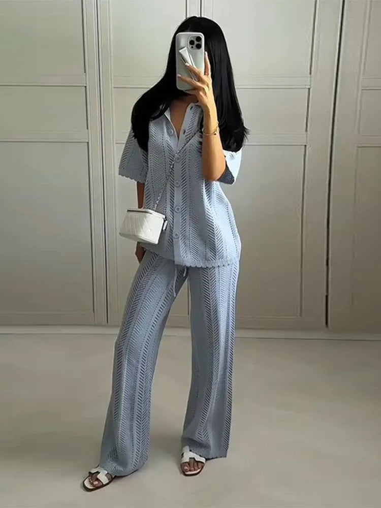 Fashion Hollow Out Knitted Long Pants Sets For Women Solid Single Breasted Short Sleeved Sweater Wide Leg Trouser 2 Pieces Suit