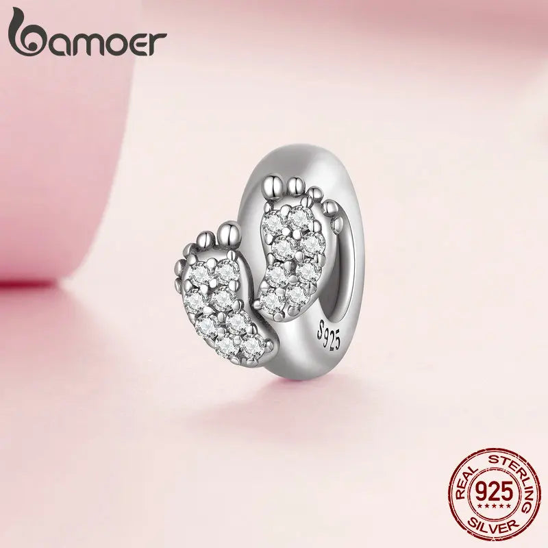 Bamoer 925 Sterling Silver Baby Feet Silicone Bead Accessory for Women Bracelet Bangle DIY Mother's Day Gift BSC688