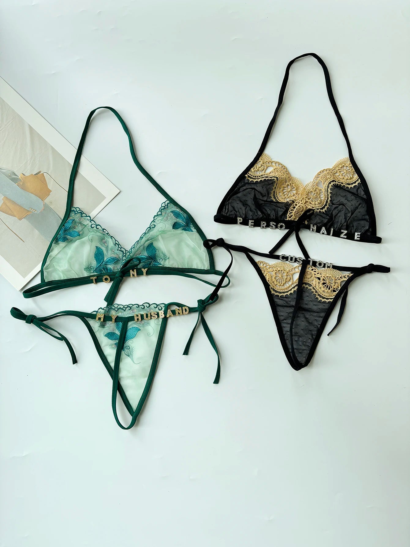 Custom Name Crystal Letter Lace Lingerie Set
