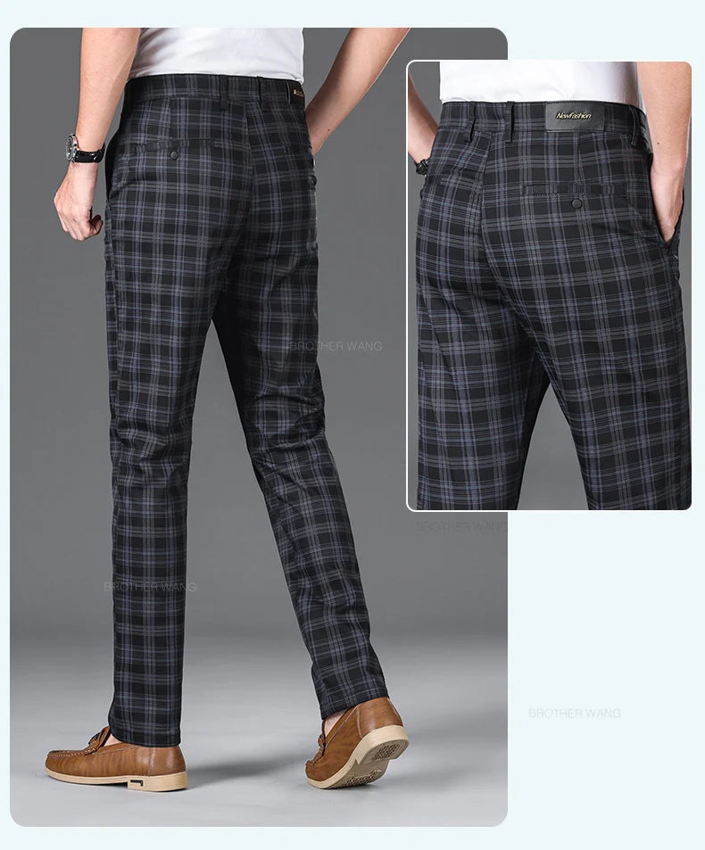 Slim‑Fit Plaid Cotton Pants