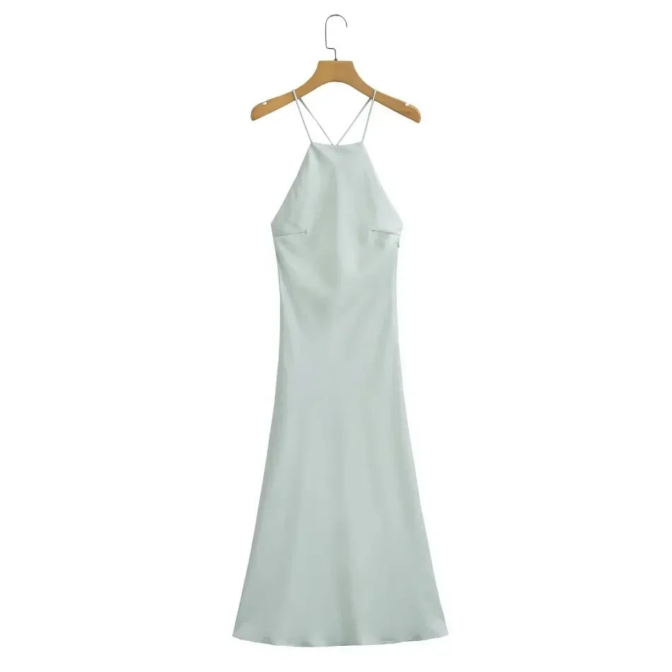 New Spring Summer Women's Maxi Dress Satin Feeling Sleeveless Dress Fashion Style Banquet Sexy Dresses Evening Female Clothing