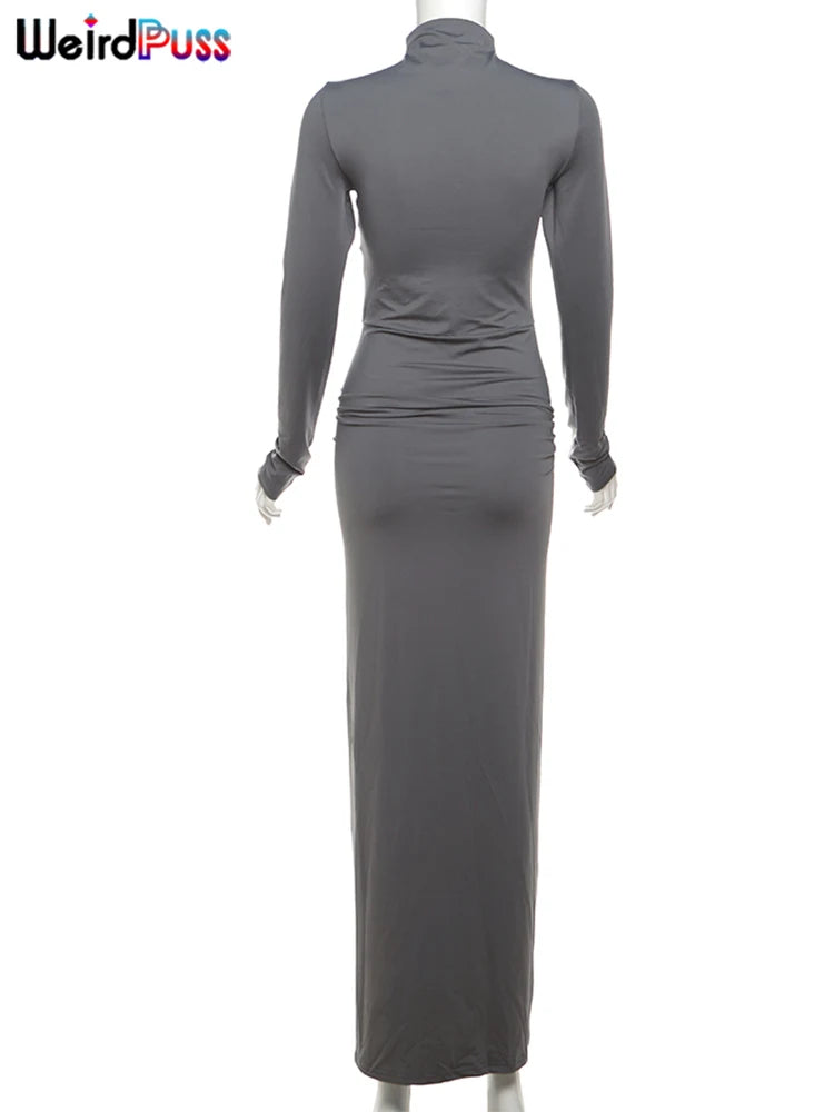Women’s Ruched Long‑Sleeve Bodycon Dress – O‑Neck Slim Fit Hipster Pleated Autumn Classic