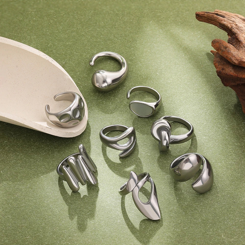 Vintage Stainless Steel Rings for Women Punk Chunky Irregular Smooth Adjustable Open Ring Jewelry Weddings Gifts