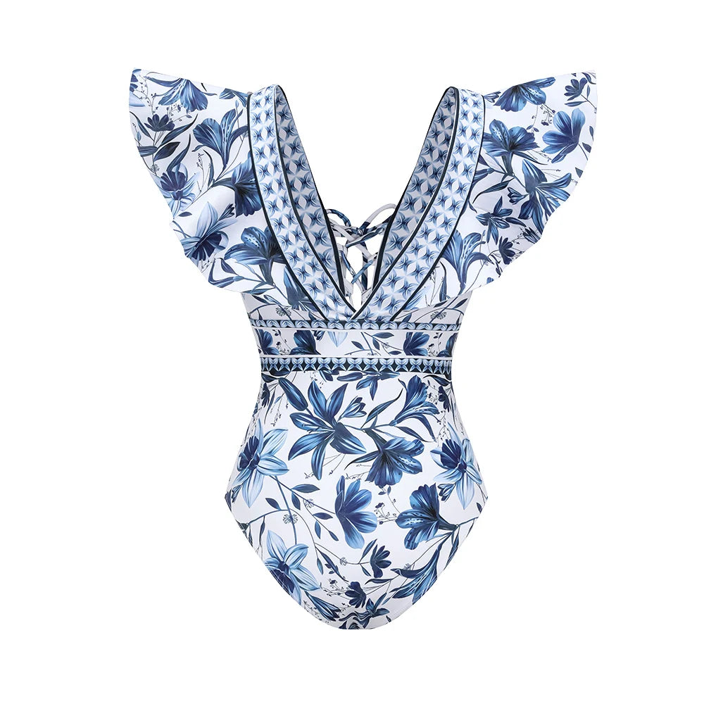 FLAXMAKER Lace‑Up V‑Neck Ruffle Monokini & Sarong