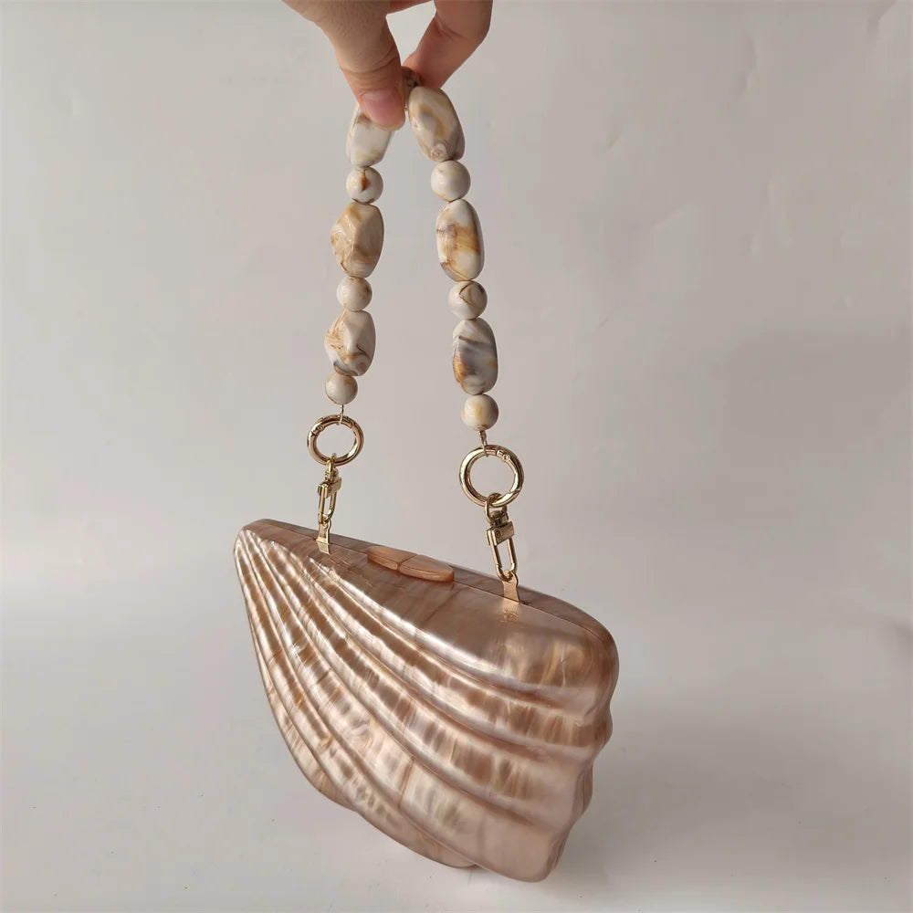 Shell Brown Acrylic Marble Pearl Box Evening Clutch Bag Women Luxury Designer Purses And Handbag Wedding Party Stones Day Wallet