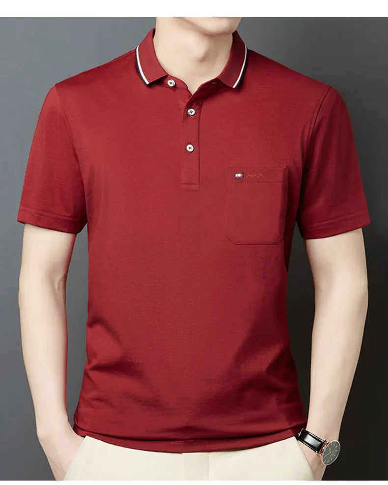 Top Grade Summer Short Sleeve Korean New Fashion Cotton Soft Pure Color Lapel Slim Fit Casual Tops Men's pocket Polo Shirts