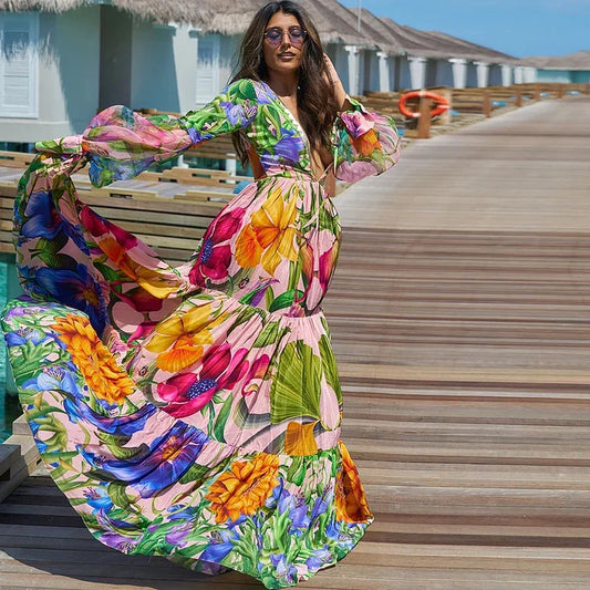 Women’s 2026 V‑Neck Long‑Sleeve Bikini Set – Printed Two‑Piece Swimsuit with Maxi Skirt Cover‑Up