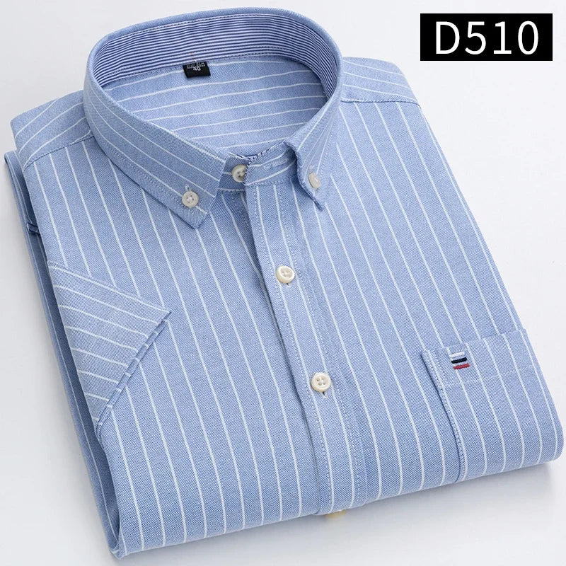 Men’s 100% Cotton Oxford Short‑Sleeve Shirt – Breathable Summer Plaid/Striped Business Casual (Regular/Oversized Fit)