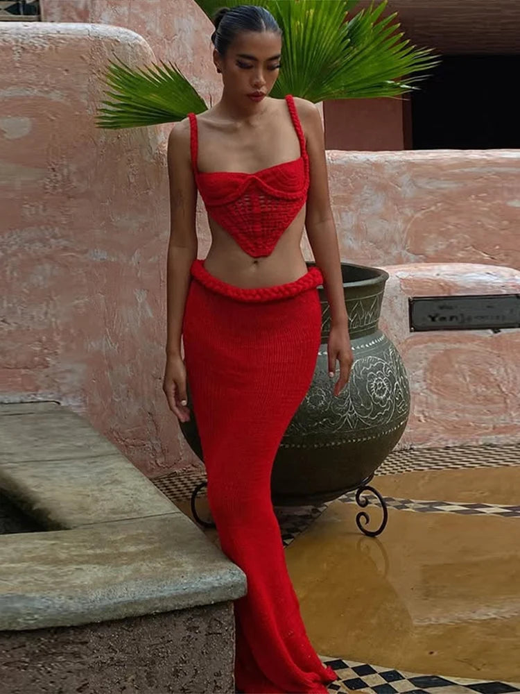 Women’s Crochet Halter Bikini Top & Fishtail Skirt Set – Hollow‑Out Backless Beachwear Outfit