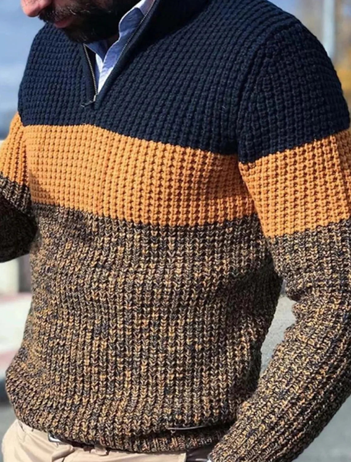Color‑Block Semi‑Zipper Sweater