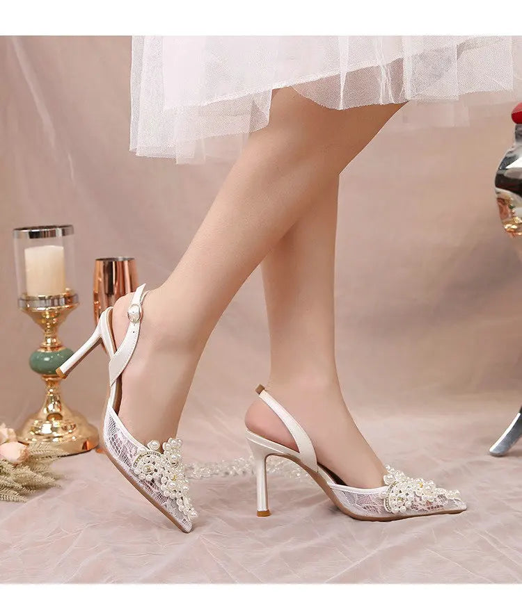 2025 White Wedding Shoes Bridesmaid Shoes Women's Lace Shoes Fashion High Heels Pearl Pumps