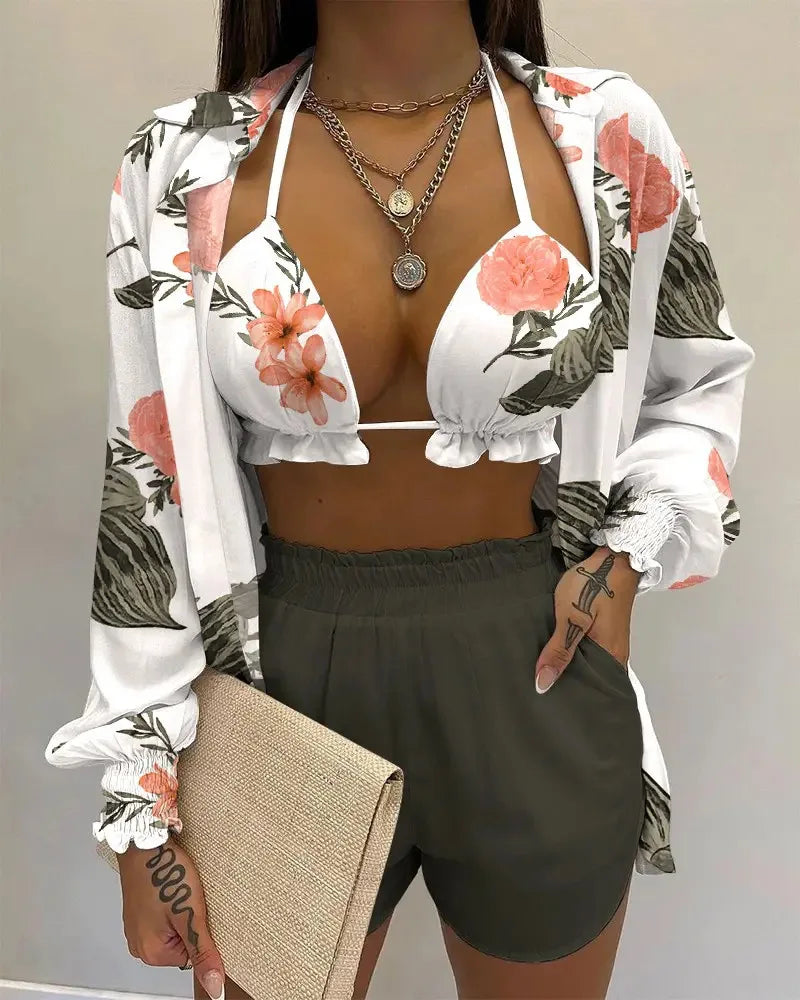 Women’s 2024 High‑Waist 3‑Piece Bikini Set – Printed Swimsuit with Shorts Cover‑Up Summer Beachwear