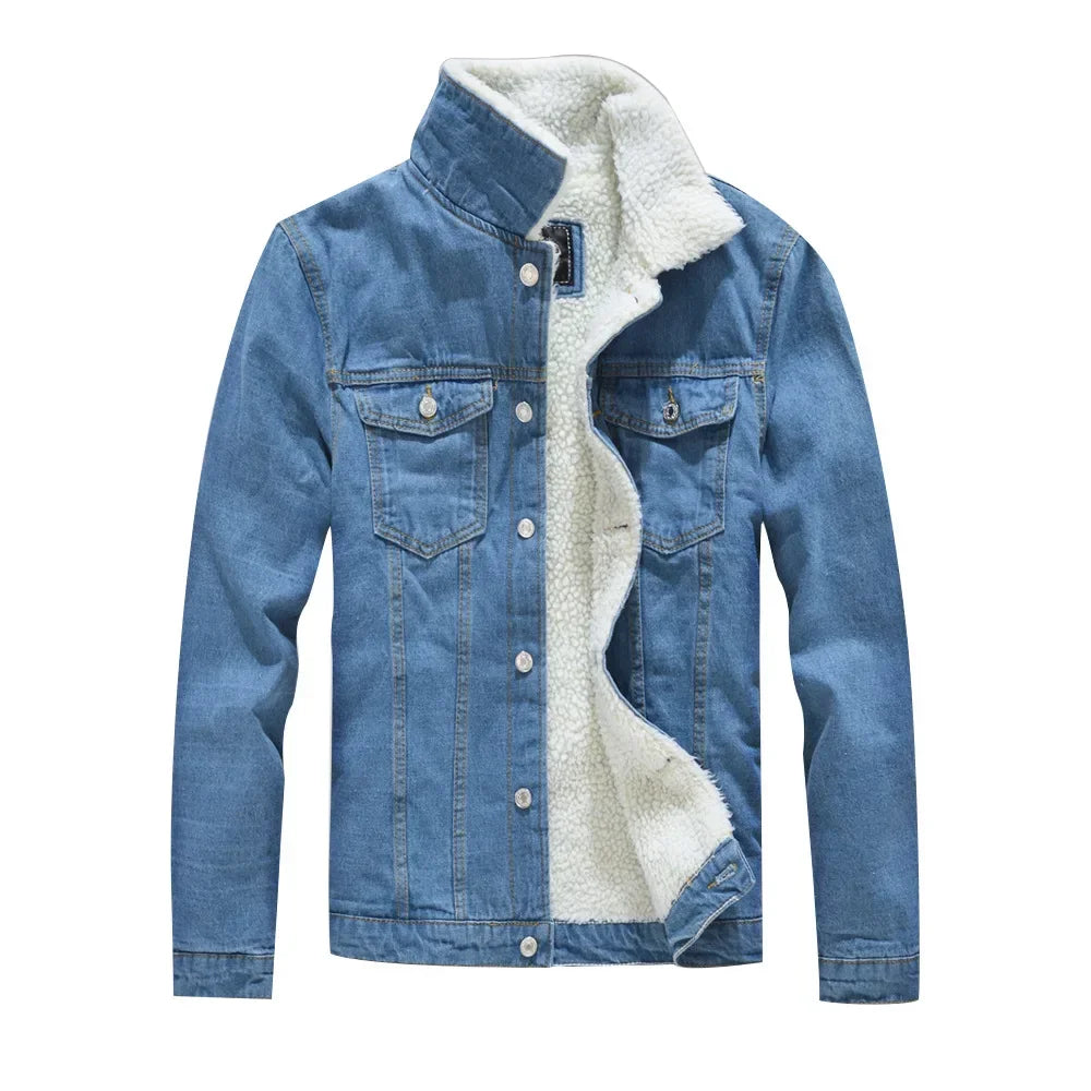 Men's Autumn Winter Solid Casual Jacket Denim Jacket Male Thickened Lamb Fleece Lined Warm Coats for Men Plus Size S-6XL