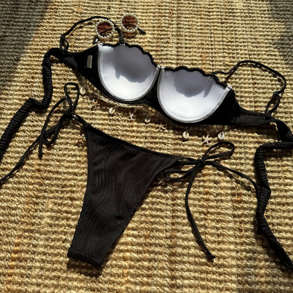 Women’s White Shell Bikini Set – Ruffled Push‑Up Underwire Thong Swimsuit with Starfish Ornaments 2025