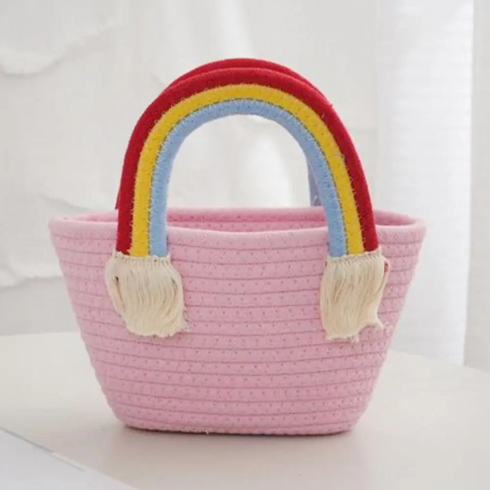 Rainbow Cotton Rope Woven Bag Handbag Girls Handmade Desktop Storage Basket Cosmetic Organizert Box Picnic Basket