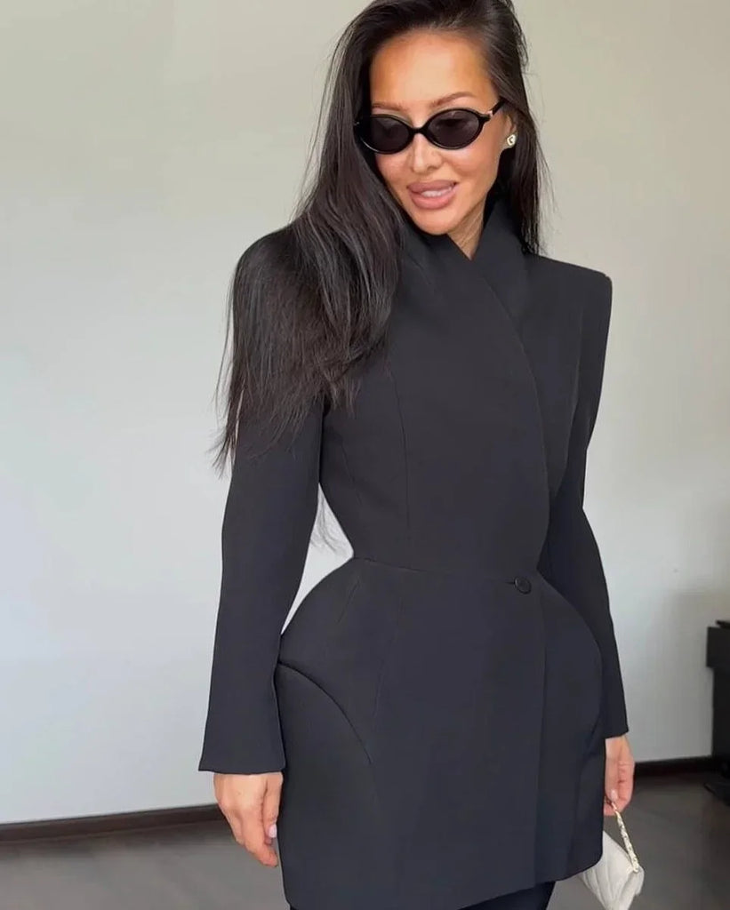 Women Waist Cinching Suit Jacket Elegant V-neck Full Sleeve Single Button Shoulder Pad Slim Coat Fashion Lady Commute Outerwear