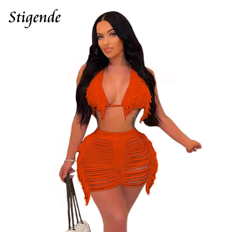 Stigende Women Fringe Tassel Bikini Shorts Set Hollow Out Jamaican Crochet Swimwear Summer Beach Knitted Cover Up Swimsuit