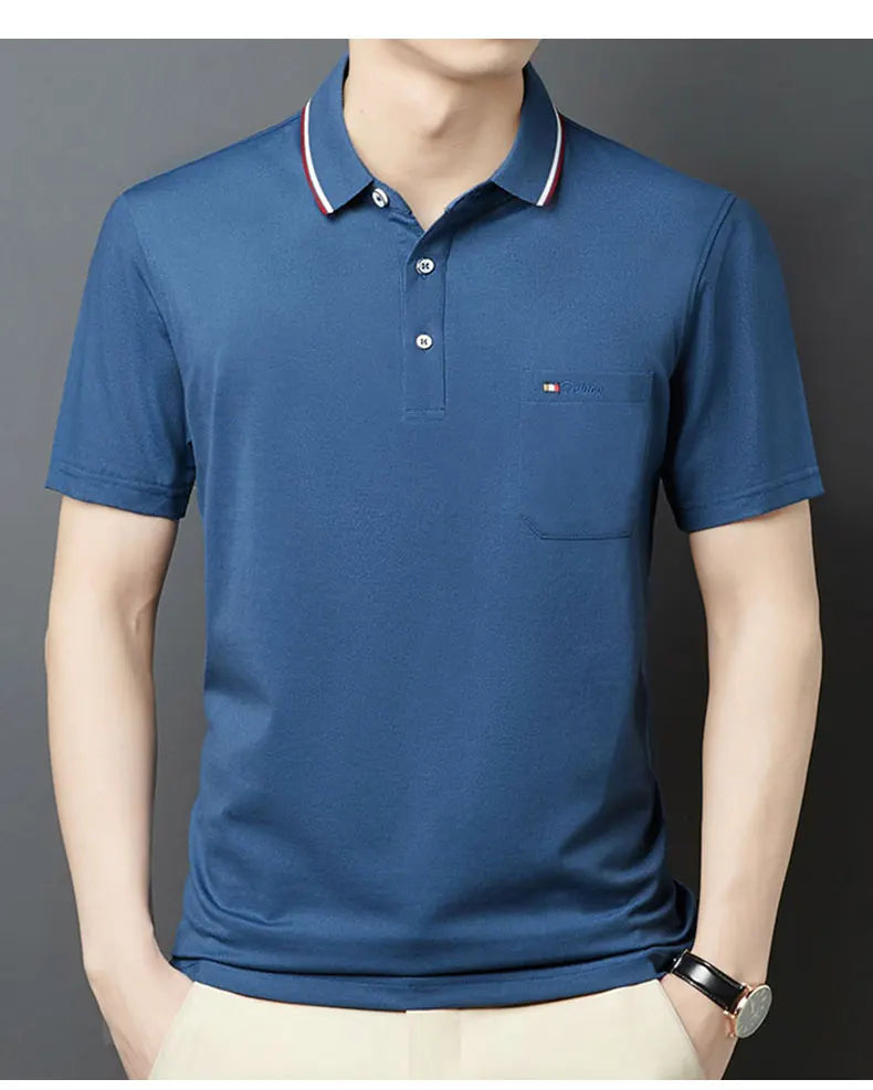 Top Grade Summer Short Sleeve Korean New Fashion Cotton Soft Pure Color Lapel Slim Fit Casual Tops Men's pocket Polo Shirts