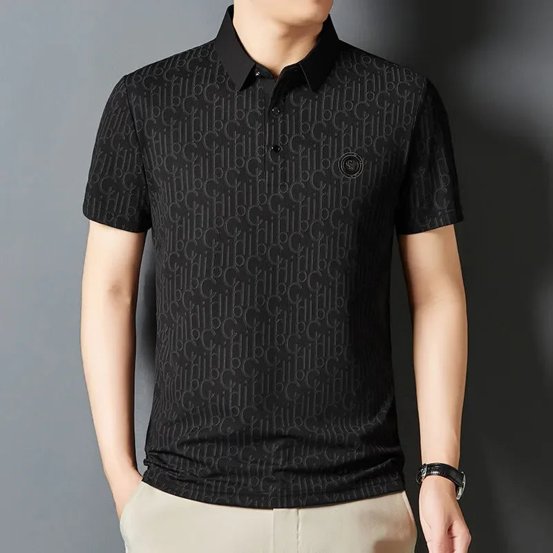 New Men's Business Casual Short Sleeved Shirt with Badge Solid Color Polo Shirt Fashionable Breathable Comfortable Versatile Top