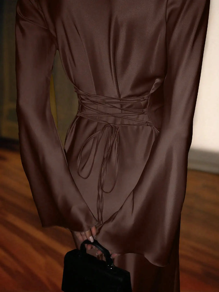 Women’s Bespoke Satin Maxi Dress – Corset Waist Tie, Round Neck & Flared Sleeves | Luxury Evening Gown 2026