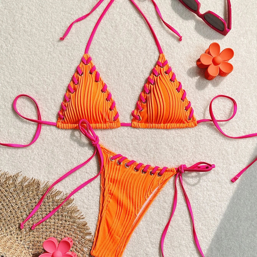 Halter Wrinkled Weave Bikini Set Women Swimwear Female Swimsuit Two Pieces Bikini Set Brazilian Bathing Suit Swim Beach Wear