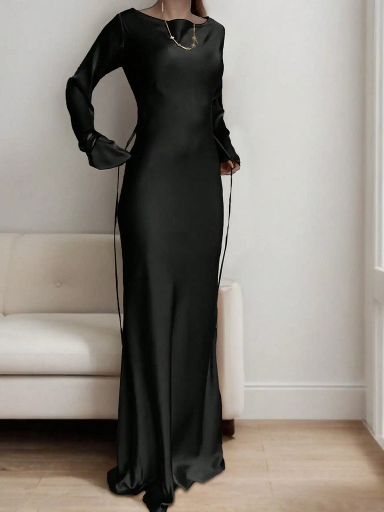 Women’s Bespoke Satin Maxi Dress – Corset Waist Tie, Round Neck & Flared Sleeves | Luxury Evening Gown 2026