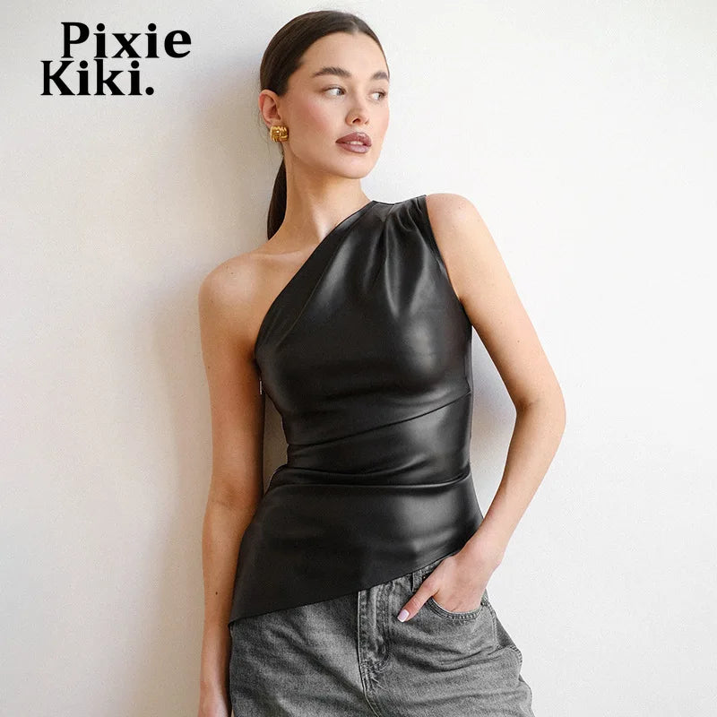 PixieKiki Fashion PU Leather Sleeveless T Shirts Side Zipper One Shoulder Asymmetrical Tops Women Clothing Fall 2024 C85-BH12