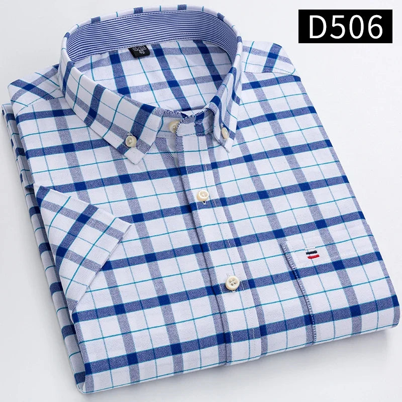 Men’s 100% Cotton Oxford Short‑Sleeve Shirt – Breathable Summer Plaid/Striped Business Casual (Regular/Oversized Fit)