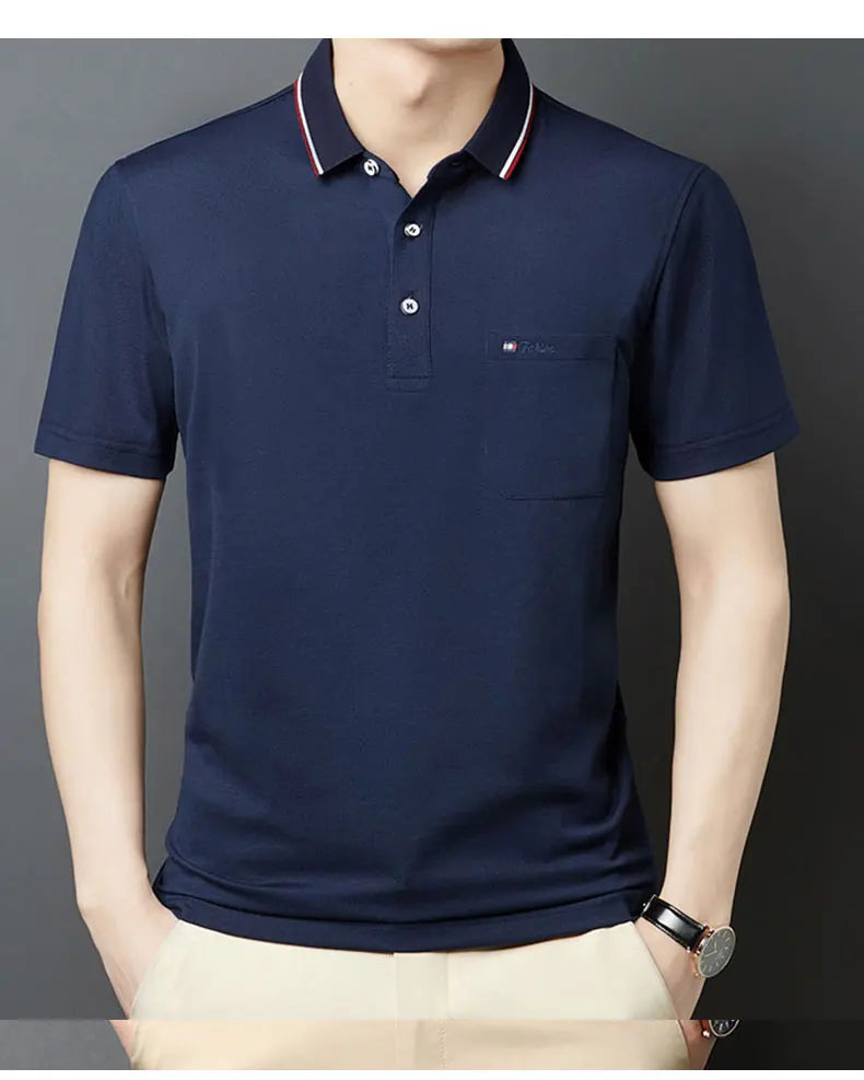 Top Grade Summer Short Sleeve Korean New Fashion Cotton Soft Pure Color Lapel Slim Fit Casual Tops Men's pocket Polo Shirts