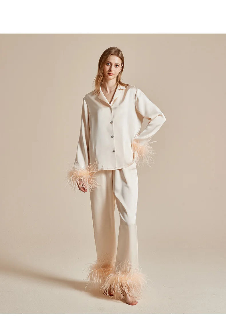 luxury feather‑trim satin pajama set