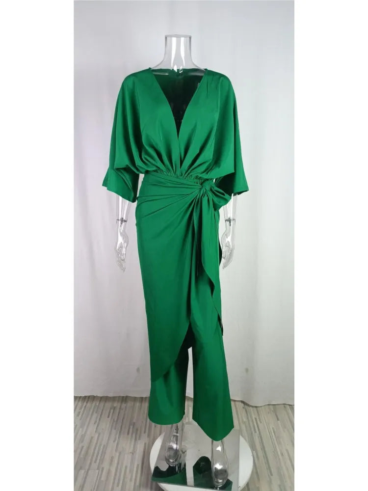Fashion Solid Color Pant Sets Two Piece Set Women V-Neck Lace Up Short Sleeve Irregular Long T Shirt Trousers Two Piece Set 2024