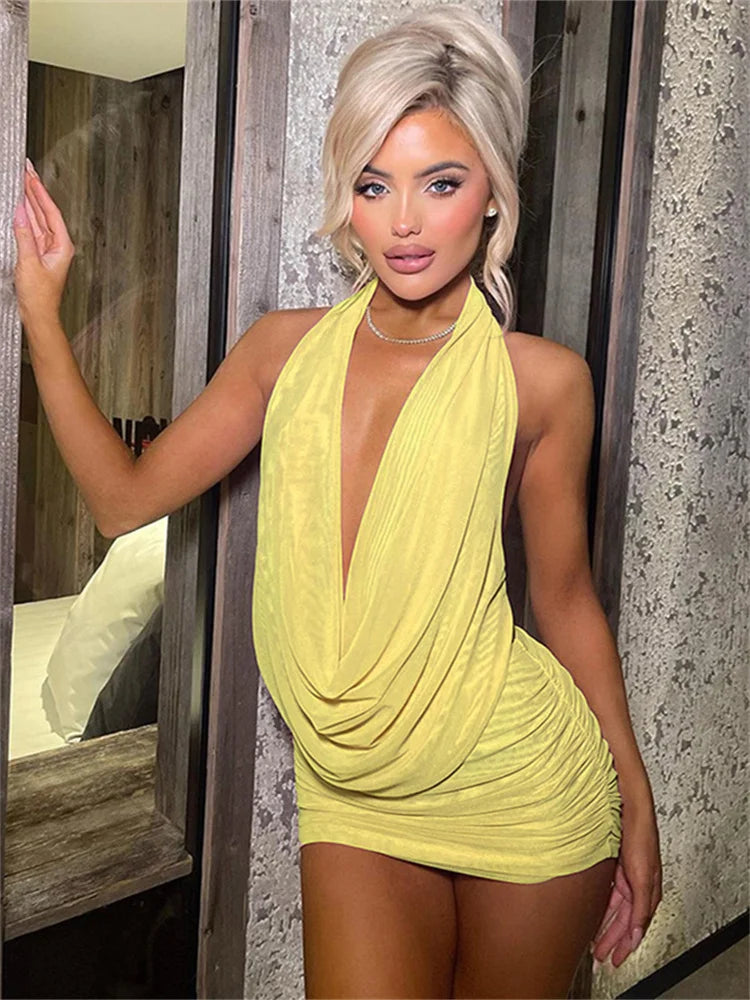 Women’s Mesh Pleated 2‑Piece Set – Halter Backless Top + Shirred Mini Skirt | Summer Chic Co‑ord Outfit