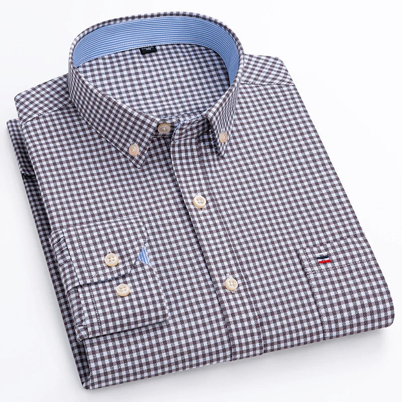 2024 New Quality Men's Social Shirt Long Sleeve 100% Pure Cotton Oxford Soft Plaid Formal Male Clothes Oversized Shirt S-7XL