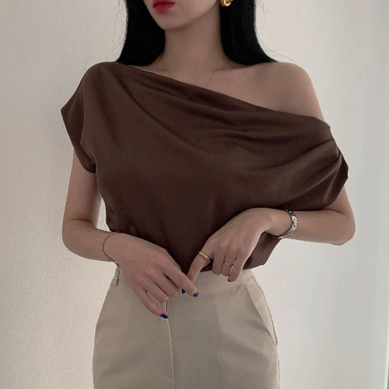 Temperament Off Shoulder Design Versatile Short Sleeve Pile Up Collar Shirt Slash Crop Top Blusas Mujer De Moda 2025 Slim Shirts