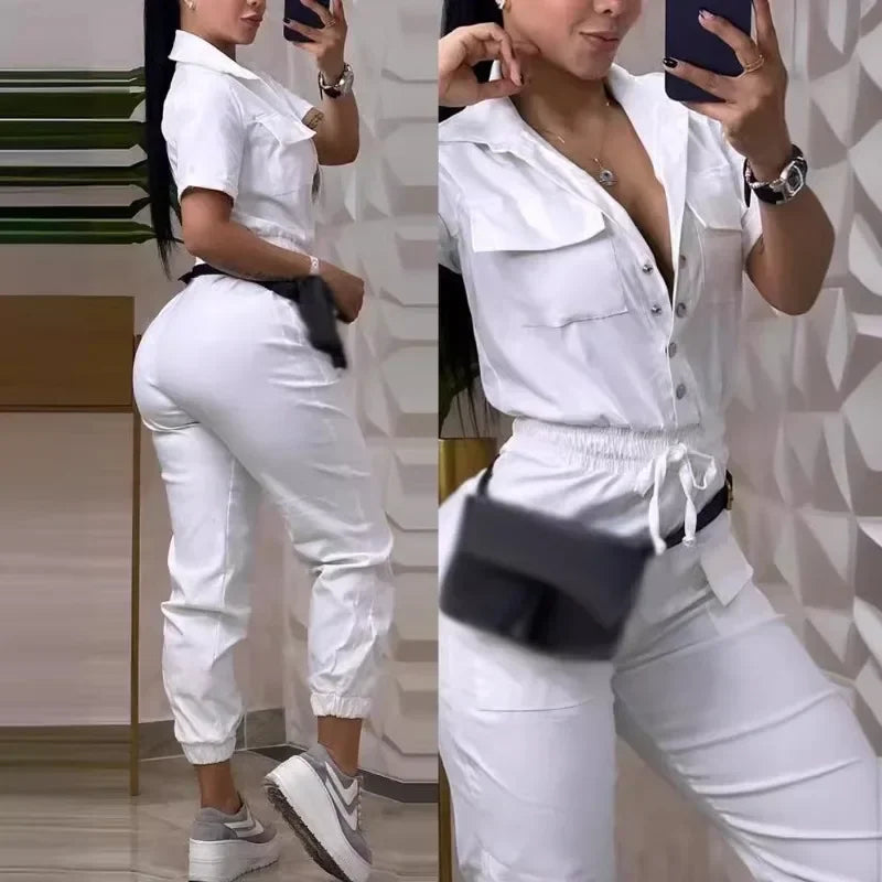 Spring Summer New Women's Clothing Solid Color Casual Multi-Pocket Waist Elastic Cargo Overalls Jumpsuit Playsuit Pants