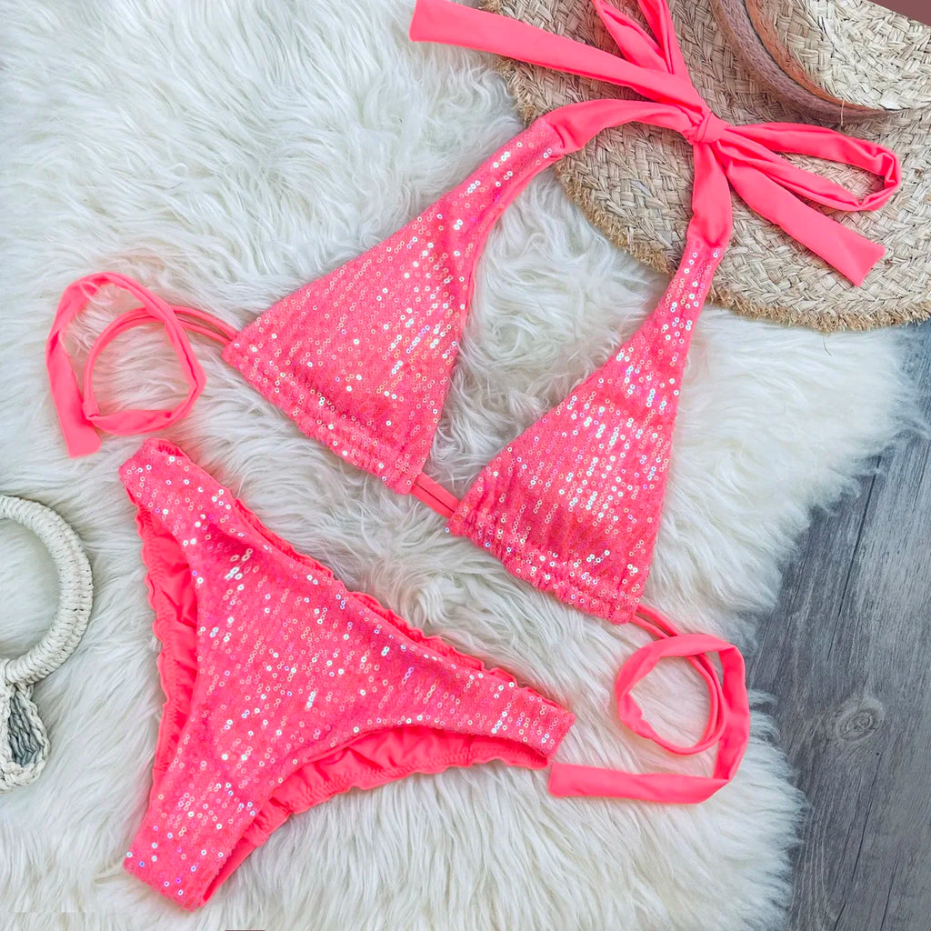 Melphieer Sequins Sparkle Bikini Set — Strappy Bandage Ruching Bum Two‑Piece Swimsuit for Beach, Pool & Holiday Outfits