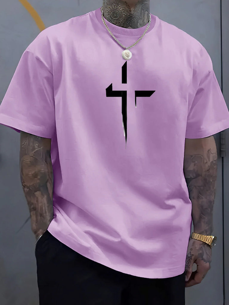 Men’s 100% Cotton Cross‑Print T‑Shirt – Loose Plus‑Size Summer Sports Tee | Comfortable Round‑Neck Casual Top