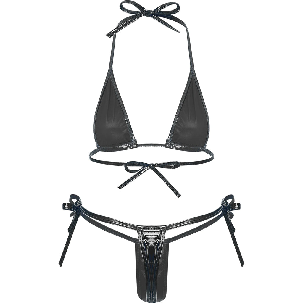 Women’s Metallic Shiny Bikini Set – Lacing Brazilian Micro Swimsuit with Triangle Top & G‑String Bottoms