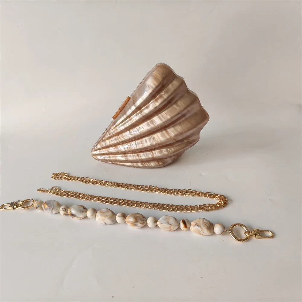 Shell Brown Acrylic Marble Pearl Box Evening Clutch Bag Women Luxury Designer Purses And Handbag Wedding Party Stones Day Wallet