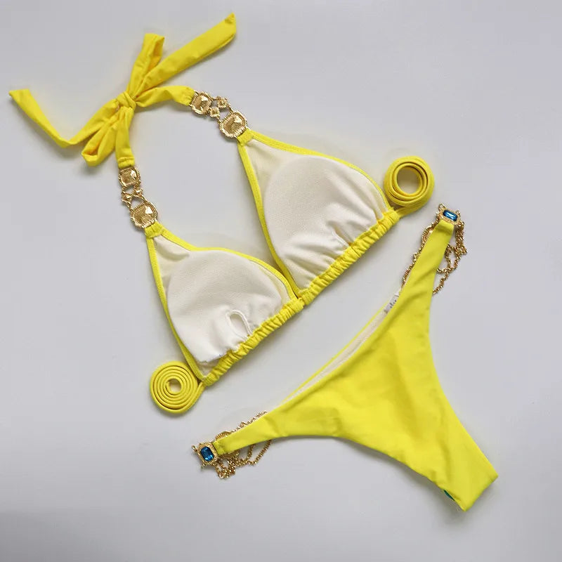 Women’s 2026 Rhinestone Diamond Bikini – Halter Chain Two‑Piece Swimsuit, Sexy Shiny Brazilian Swimwear