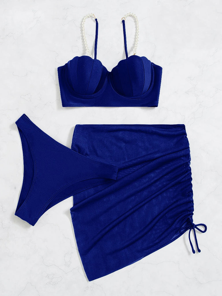 Women’s Shell‑Bra Push‑Up Bikini – 3‑Piece Pearl Strap Swimsuit with Beach Skirt 2023