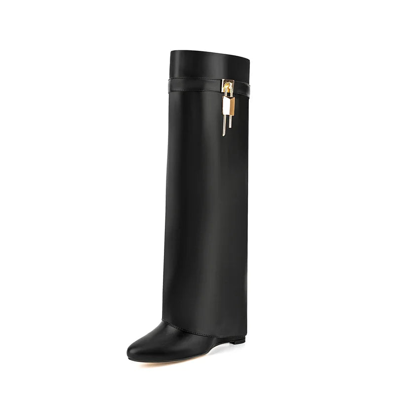 Lock Metal Buckle Women Knee High Boots Wedges Shoes For Woman Punk Style Round Toe Zipper Cowboy Boots Trend 2025 Female Shoes