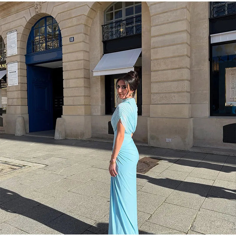 Irregular Shawl Blue Maxi Dress – Women’s 2025 Slim‑Fit Turtleneck Pleated Evening Party Dress