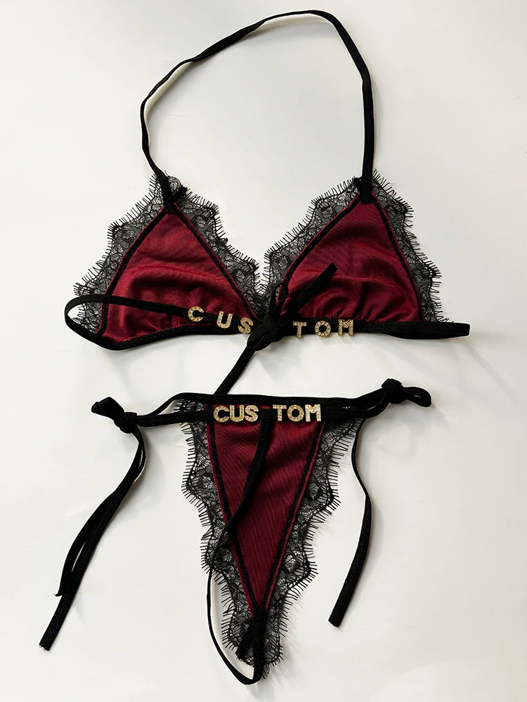 Custom Name Crystal Letter Lace Lingerie Set