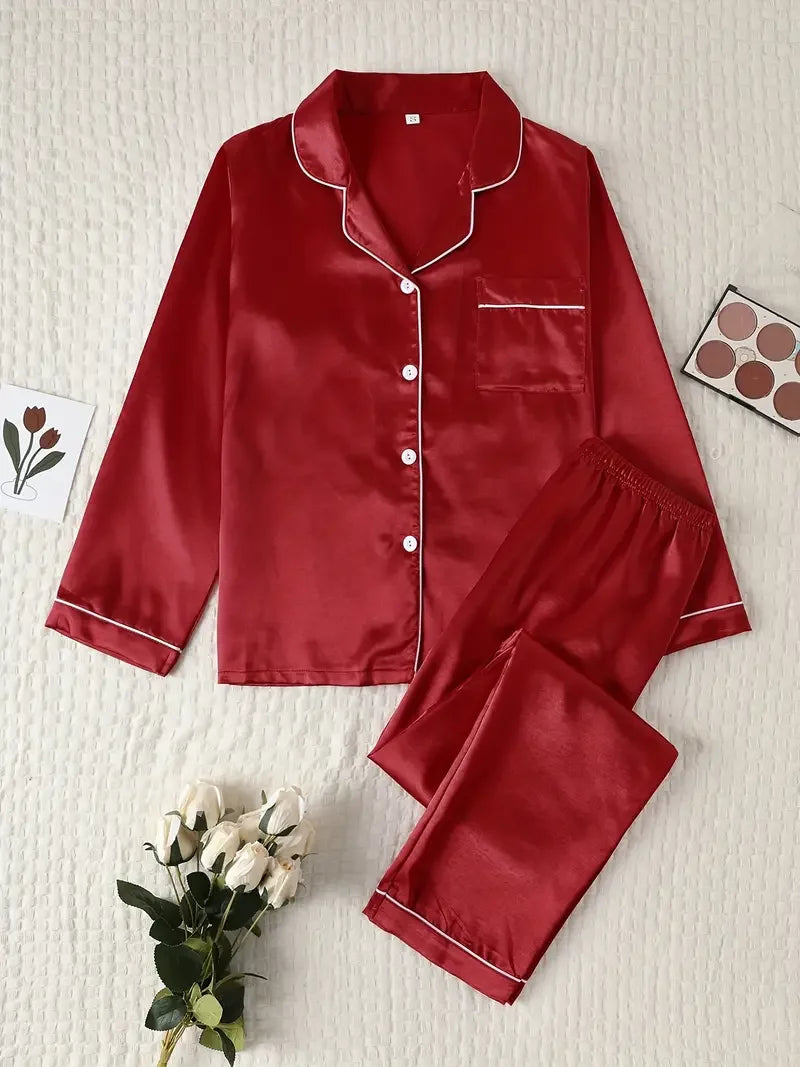 Autumn Winter Silk Pajamas Set for Women Casual Soft Breathable and Relaxed Fit Long Shirt Tops and Long Pants Sleepwear