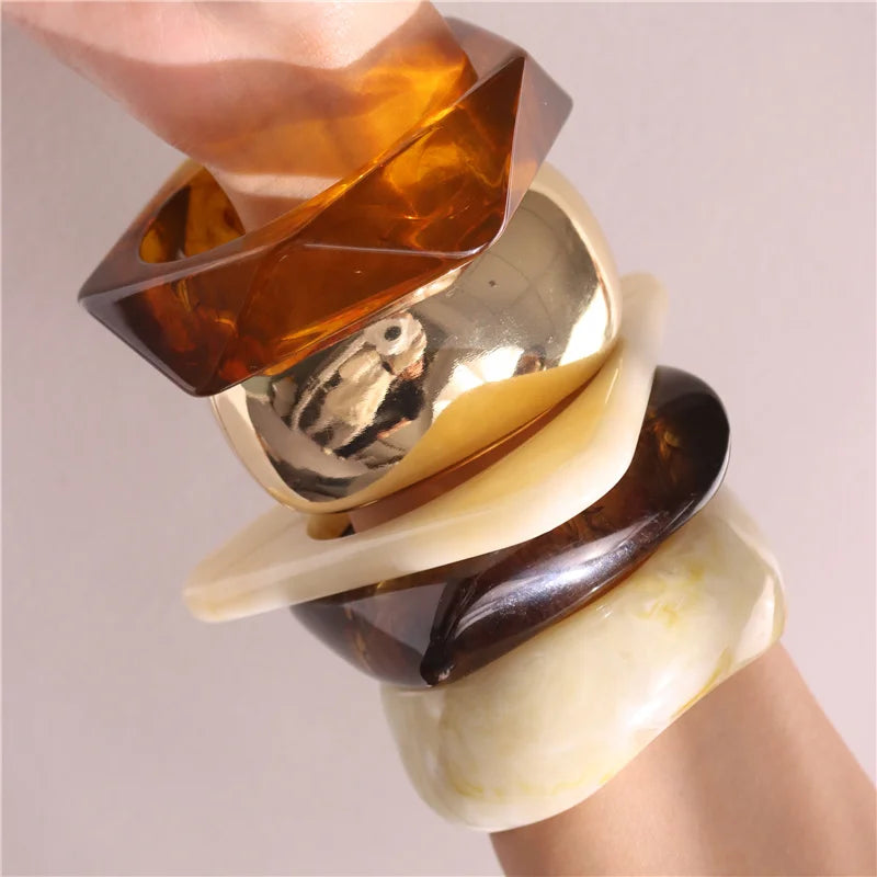 HUANZHI Vintage Resin Triangle Wide Bangle Bracelet