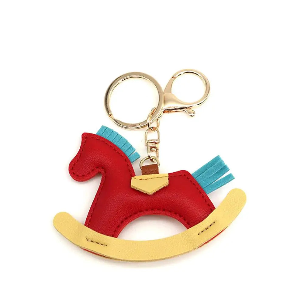 Cartoon Pony Rocking Horses Keyring Women Leather Charms Bag Pendant KeyChain Cute Animal Ornament Accessories Decoration Gift