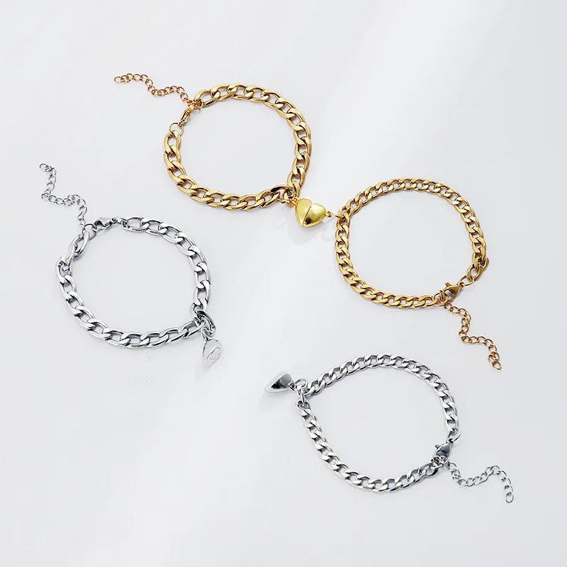 JWER 2Pcs/set Magnet Couple Bracelets Heart Attraction Bracelet Stainless Steel Charm Simple Cuban Chains Key Lock Jewelry Gifts