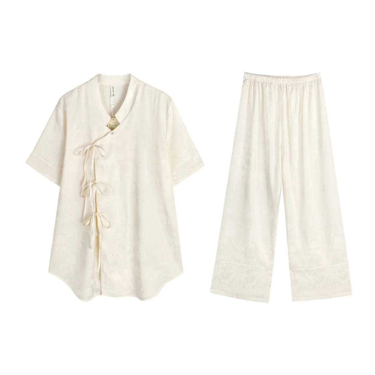 New Chinese Style Pajamas Women Jacquard Flower Sleepwear Short Sleeve Trouser Suits Spring Summer Silk Satin Nightwear Homewear
