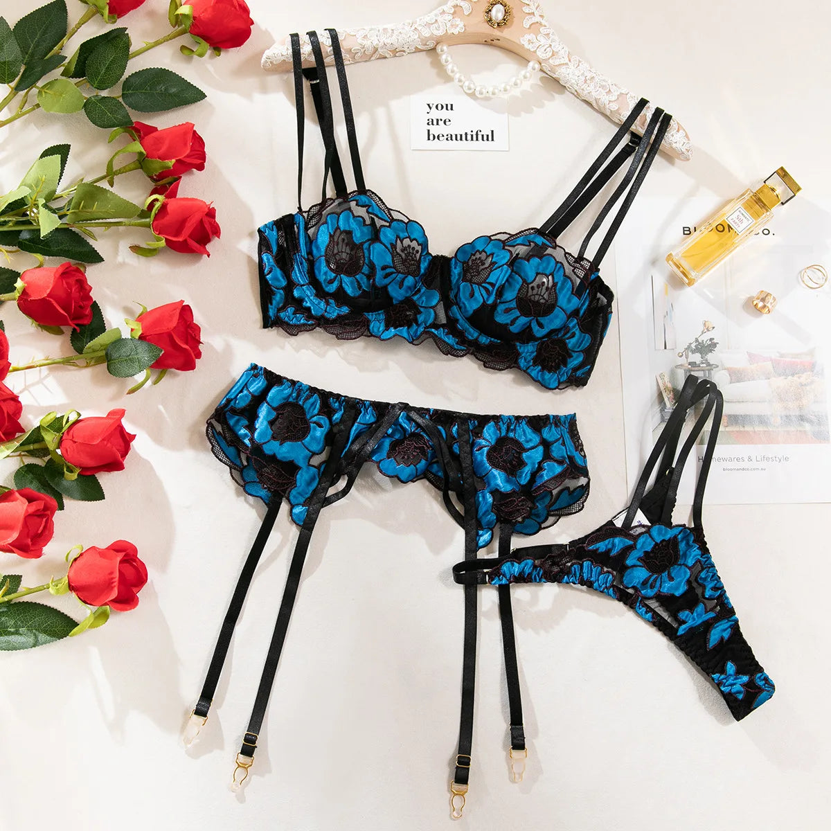 Diccvicc Floral Embroidery Mesh Lingerie Set